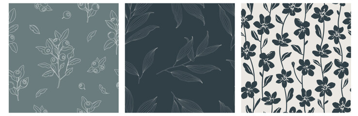 set of patterns with leaves, flowers and blueberries by hand. vector illustration