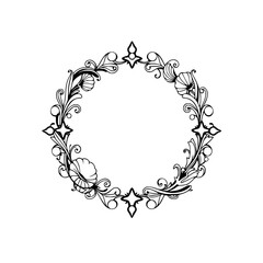Circular floral vintage black and white ornate frame on a white background.