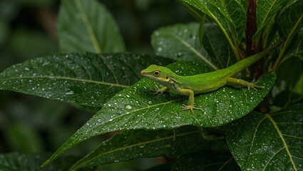 Fototapeta premium Colorful green anole lizard blending into lush tropical foliage perched on dewy leaf in a vibrant exotic jungle setting