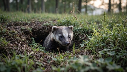 Fototapeta premium A curious badger emerges from its burrow in a serene woodland setting sunlight illuminating its distinctive striped face