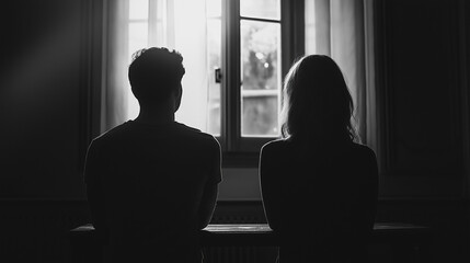 Young interracial couple in winter clothing standing apart after a fight