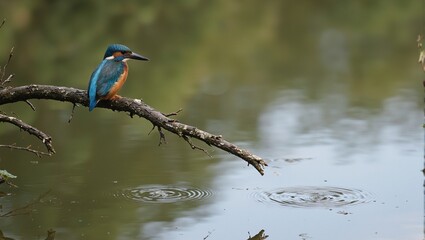 Obraz premium Vibrant kingfisher bird on branch over tranquil river with iridescent feathers creating serene reflections in water