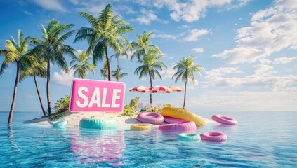 Obraz premium The vibrant tropical island shows a large-scale advertisement for SALE, surrounded by palm trees and colorful beach accessories, inviting visitors to take advantage of the summer offer.