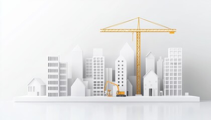 Elegant 3D paper model of a construction project with a tower crane, merging engineering and design artistry