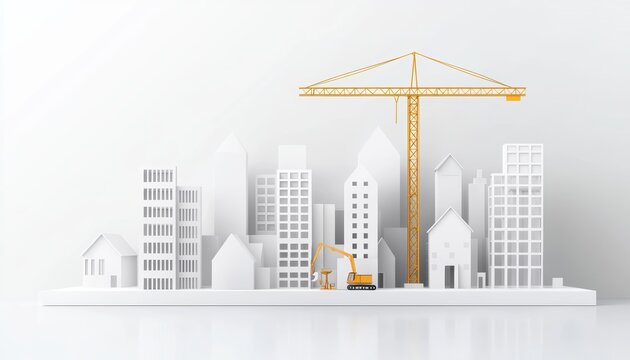 Elegant 3D paper model of a construction project with a tower crane, merging engineering and design artistry