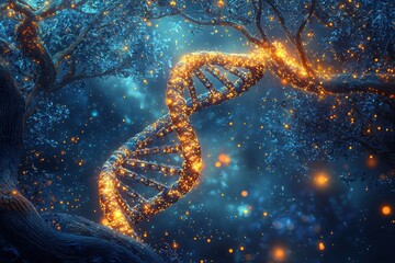 Illuminated dna helix enchanted forest digital art ethereal environment close-up view scientific concept