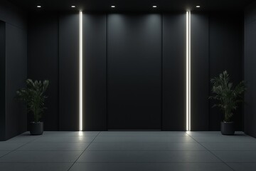 Charcoal gray partition with copyspace in a modern black room illuminated by LED lights, ideal for design mockups and creative presentations