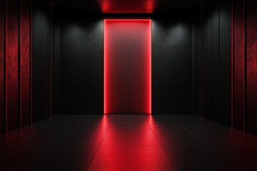 Stylish black room with a dark red partition featuring illuminated LED lights and ample copyspace in the center for design elements