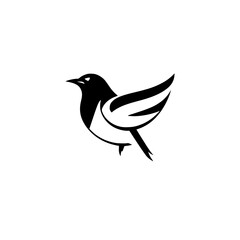 Minimalist black and white bird silhouette in a minimalist style, portraying flight. It's a bold, graphic representation of a magpie.