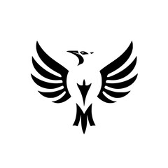 Black and white silhouette of a stylized bird with outstretched wings, showcasing a bold, modern design on a white background.