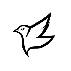 Black and white minimalist illustration of a stylized bird in flight on a white background.