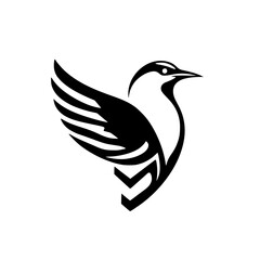 A stylized, minimalist monochrome logo of a bird in flight, presented with clean lines on a stark white background.