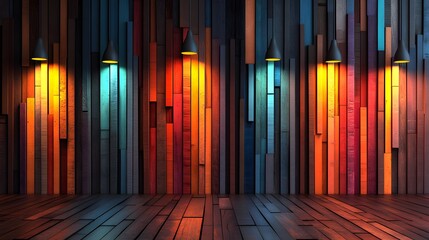 Obraz premium Room interior featuring wooden floor and wall with lights and wooden panels in rich brown tones