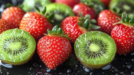 Fresh strawberries and kiwi slices arranged on a dark surface, glistening with water droplets