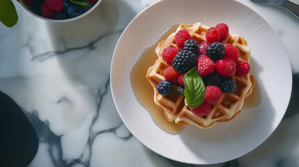 A golden waffle with fresh berries and syrup, placed on a white plate with space for a message above.