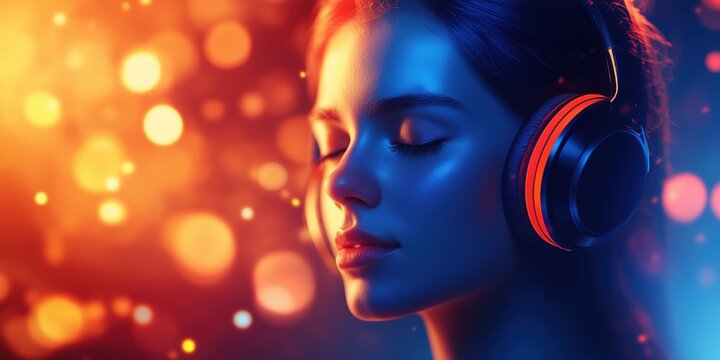 Listening to music in a vibrant space with headphones and glowing lights