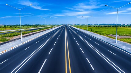 Aerial View of a Modern Empty Highway - Vast highway stretching to horizon, symbolizing progress, freedom, journey, travel, and open road. Clean lines and bright day