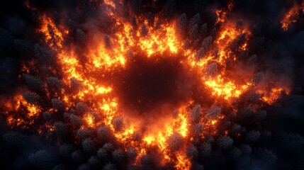 Fototapeta premium Aerial View of a Ring of Fire in a Forest - Fiery ring of wildfire engulfing trees, symbolizing destruction, nature's power, climate change, vulnerability, and resilience