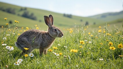 Obraz premium A charming rabbit exploring a blooming meadow with vibrant daisies and buttercups under sunny skies
