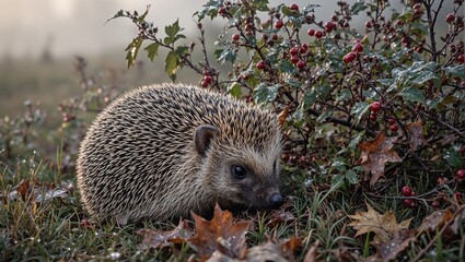 A cute European hedgehog nestled under a bramble bush with berries and dewy leaves basking in the gentle light of a misty morning