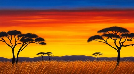 African Sunset Landscape - Vibrant sunset over the African savanna, silhouetted acacia trees, tall grass. Peaceful, serene scene