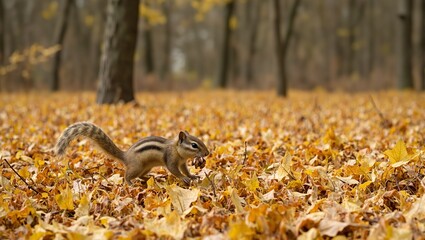 Obraz premium Adorable chipmunk with puffed up cheeks scurrying through autumn leaves in a peaceful forest setting
