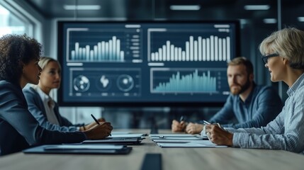 Diverse professionals collaborate in modern boardroom to analyze financial data and drive business decisions