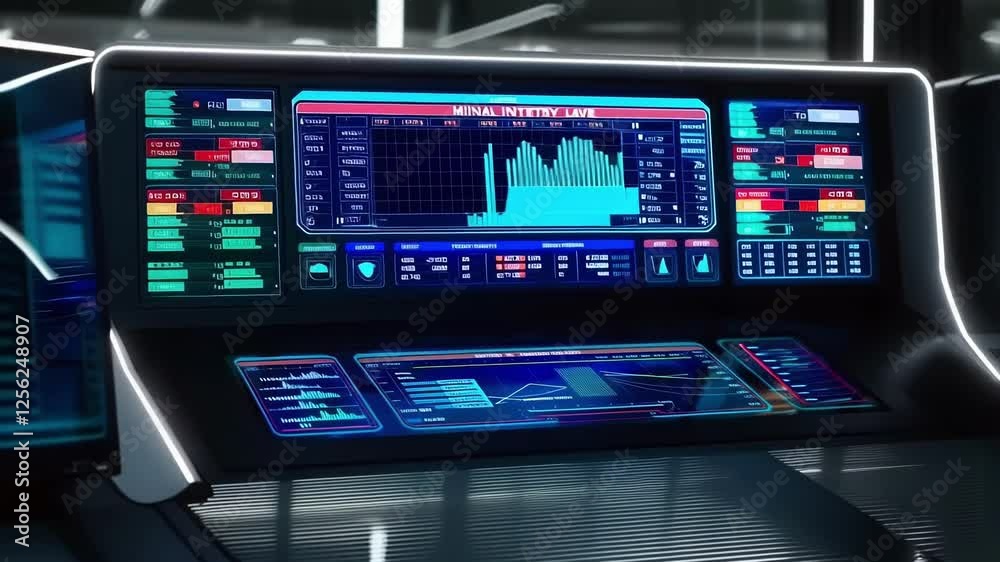 Poster complex data analysis occurs on a futuristic control panel with changing graphs and numbers, suggest