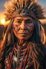 Obraz premium Porträt einer indigenen älteren Frau mit Kopfschmuck aus Federn, Indianerin, Generative AI