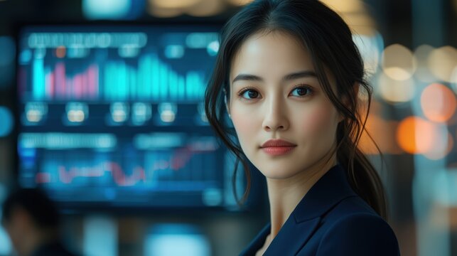 Confident Asian female executive presenting financial data to a team in a modern office setting with bar graphs and stock charts