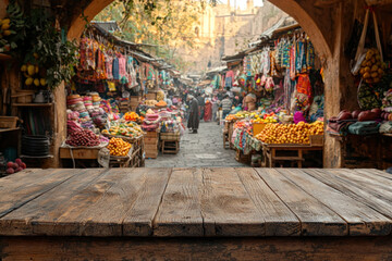 Wooden table overlooking bustling Moroccan market with vibrant textiles and fresh produce