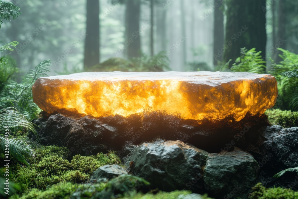 Poster a glowing amber stone rests on moss-covered rocks in a serene forest, illuminated by soft, diffused 