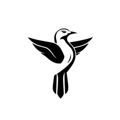 Black and white minimal illustration of a bird in a dynamic pose with spread wings on white background.