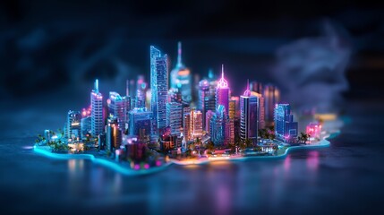 A vibrant miniature cityscape glowing with neon lights, showcasing futuristic architecture and a serene atmosphere.