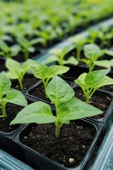 Sunlit greenhouse with rows of young plants growing in plastic seedling trays under controlled conditions