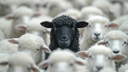 A solitary black sheep exhibits individuality while surrounded by numerous white sheep in a tranquil rural environment