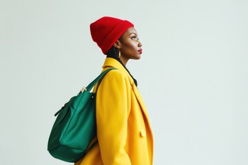 A Black woman confidently wears a bright yellow coat, red hat, and carries a green bag, showcasing her stylish look indoors