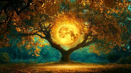 Autumnal forest moonrise, magical tree, glowing background, fantasy art