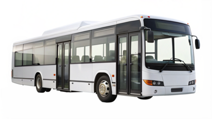 Modern white city bus with large windows and doors
