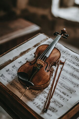 Fototapeta premium A violin resting on sheet music Generative AI 