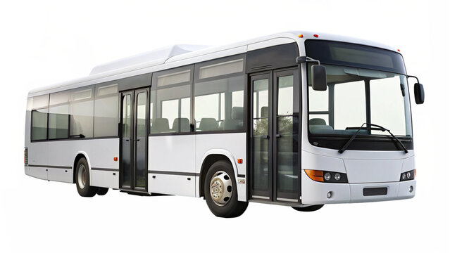 Modern white city bus with large windows and doors
