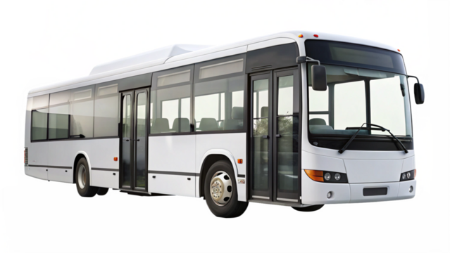 Modern white city bus with large windows and doors
