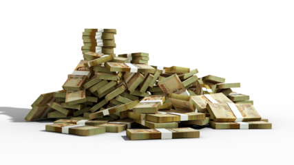 Big pile of Thai baht notes a lot of money over transparent background. 3d rendering of bundles of cash	