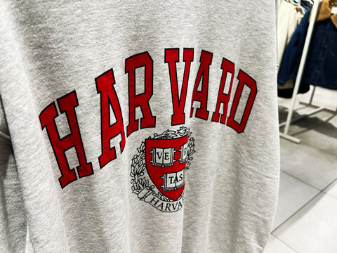 Kyiv, Ukraine - February 09, 2025: Close-up view of a sweat-shirt featuring a recognizable Harvard university insignia