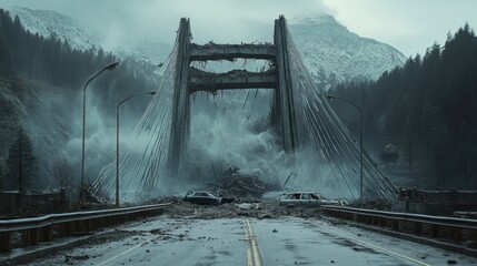 A partially collapsed suspension bridge amid debris and damaged vehicles shows the disaster's aftermath in the mountains