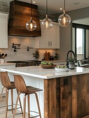 Elegant Kitchen Island with Wood Accents and Globe Pendant Lights, Offering a Contemporary Yet Warm Ambiance for Culinary Enthusiasts.