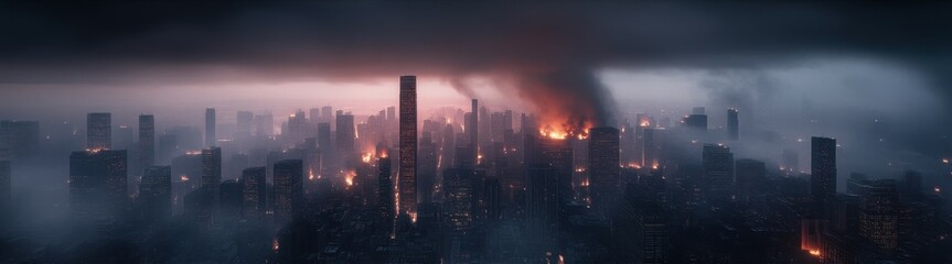 Fototapeta premium Cyber attack causes massive citywide blackout and fire scene