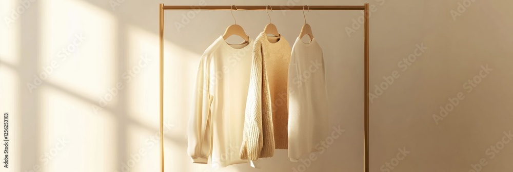 Poster minimalist clothing rack showcasing neatly arranged garments in soft neutral tones and natural light