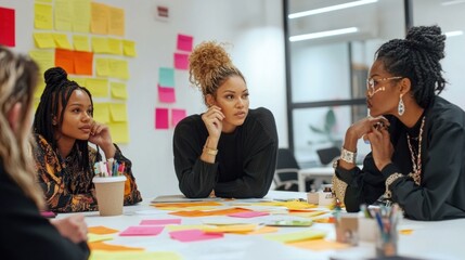 Diverse designers engage in discussion surrounded by colorful sticky notes in a contemporary office setting, brainstorming project ideas