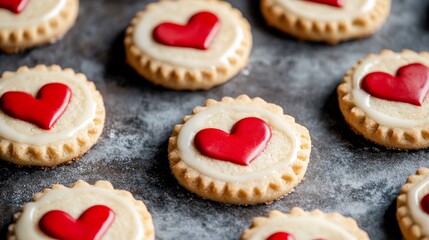 Heart-shaped valentine cookies with red icing on dark background